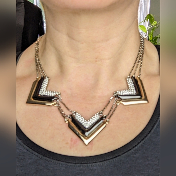 White House Black Market, Two-tone, Chevron, Rhinestone, Adjustable Necklace - Picture 2 of 5